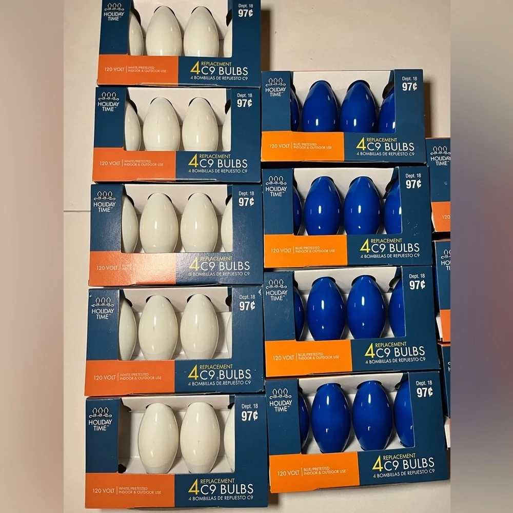 Lot of 12 Holiday Time C9 Replacement Bulbs Red White Blue NOS